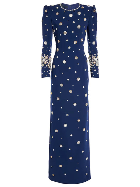 Long Sleeve Crystal Pearl Maxi Dress Blue Luxe Maxi Dresses and