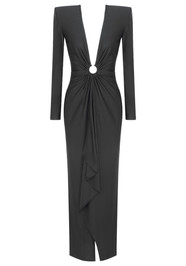 Long Sleeve Plunge V Neck Draped Maxi Dress Black