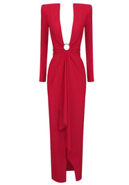 Long Sleeve Plunge V Neck Draped Maxi Dress Red