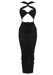 Halter Floral Ruched Maxi Dress Black