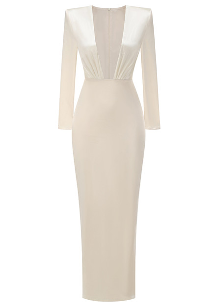 Long Sleeve Plunge V Neck Maxi Dress Ivory - Luxe Maxi Dresses and Luxe  Party Dresses