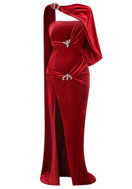 Velvet Rhinestone Ruched Maxi Dress