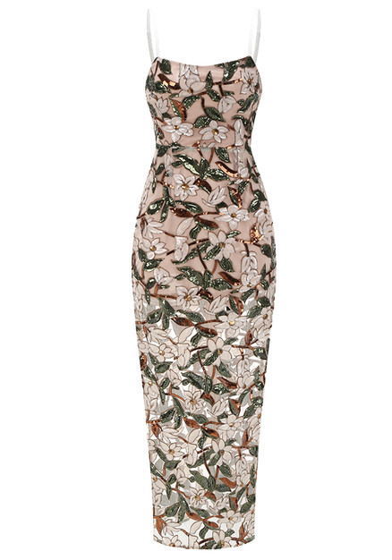 nude embroidered dress Embroidered Long Sleeve Midi Dress