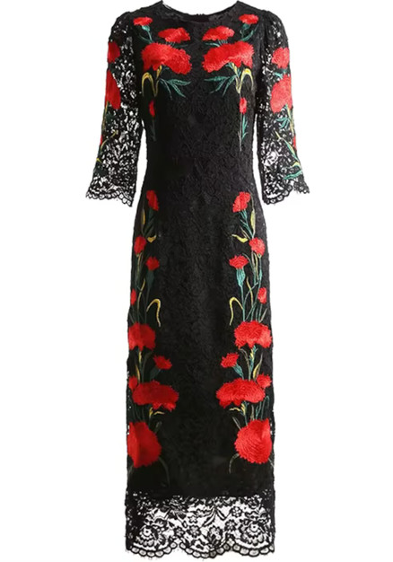 Floral Collared Neck Three-Quarter Sleeve Dress