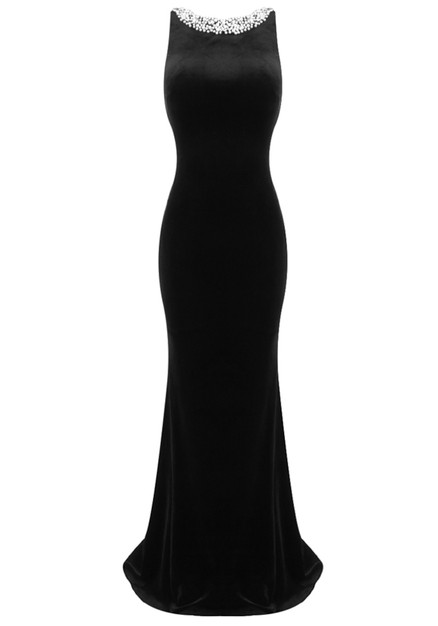 Backless Pearl Maxi Velvet Dress Black - Luxe Velvet Dresses and 