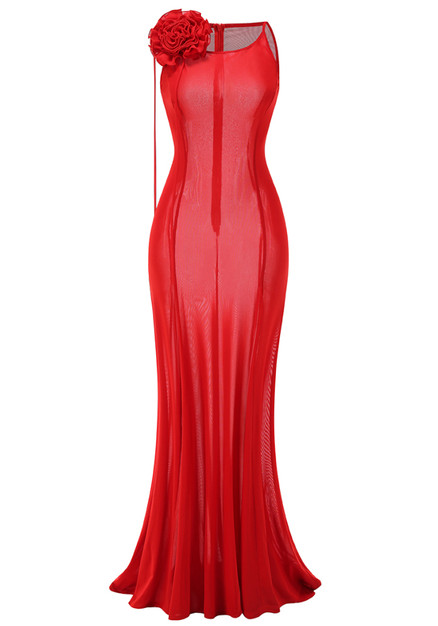 Elegant Red Floral A-Line Maxi Dress