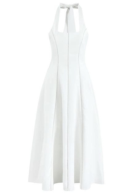 Asymmetrical Halter Midi Dress with Fringe Detailing - White main image 1