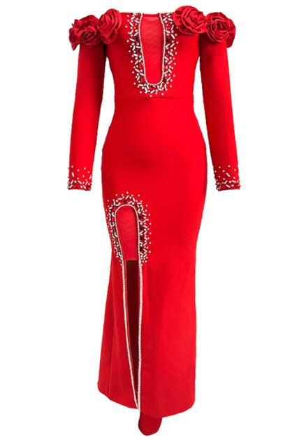 strapless open back dress Maranda Bardot Lace-Up Bust Dress Dainty Floral Red– Selfie Leslie main image 1