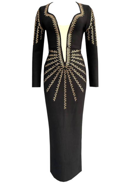 Long Sleeve Embellished Maxi Dress Black - Luxe Maxi Dresses and Luxe Party  Dresses