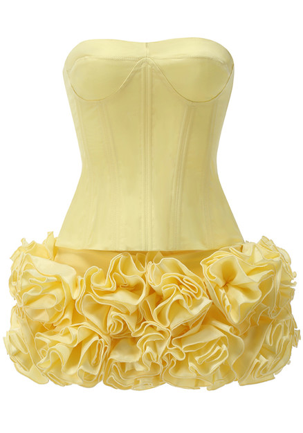 Yellow Spaghetti Straps A Line Corset Floral Ball Dress with Ruffles