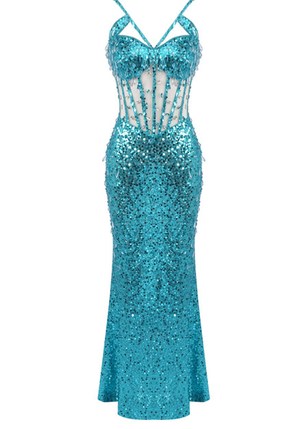 Crystal Sequin Corset Maxi Dress Turquoise Crystal Sequin Corset Maxi Dress Turquoise
