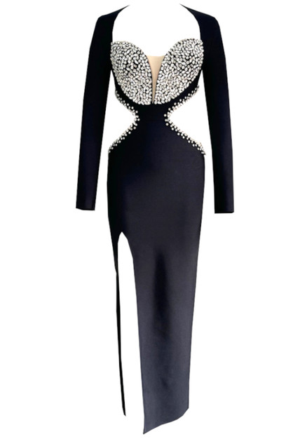 Long Sleeve Crystal Bustier Cut Out Maxi Dress Black - Luxe Maxi Dresses  and Luxe Party Dresses