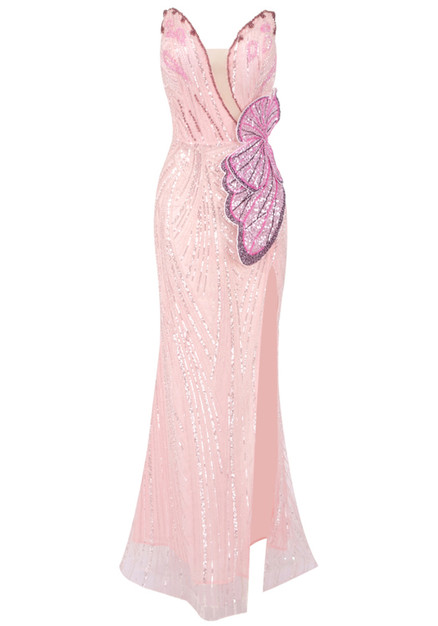 back sequin butterfly maxi dress in pink Valentina Pink Butterfly Maxi Dress - US 18