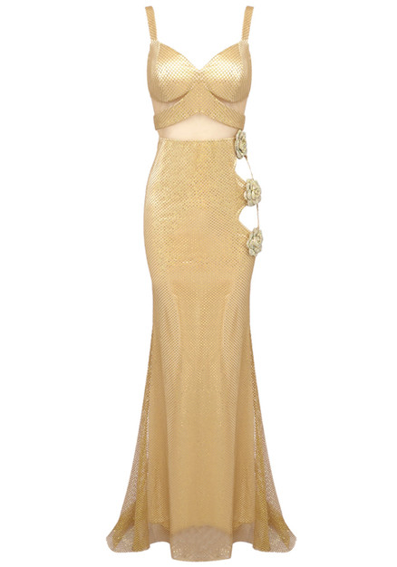 Floral Detail Sparkly Maxi Dress Gold