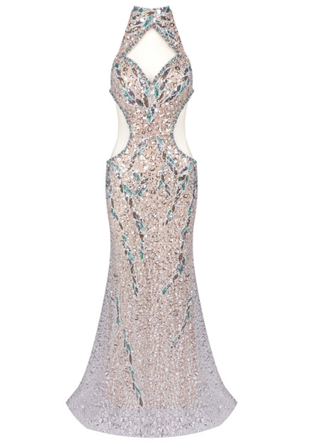 Halter Crystal Sequin Mermaid Maxi Dress Silver