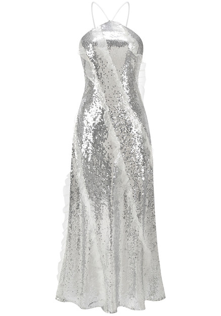 white and silver dress Laura Halter Satin Gown / | MESHKI Painterly pink and red roses dance all along the skirt and trail down the dramatic cathedral length train Not Just For Brides: Why