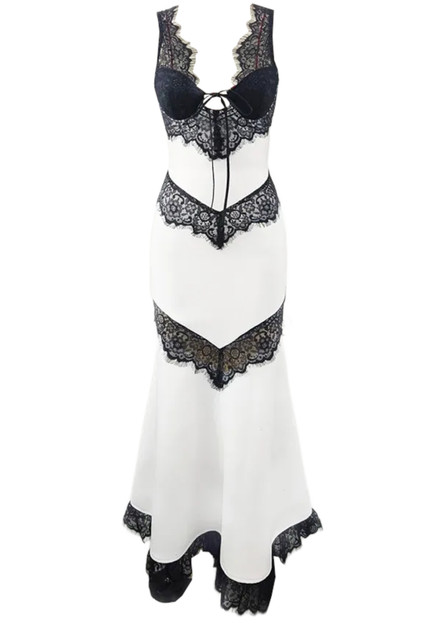 Lace Insert Maxi Dress Black White