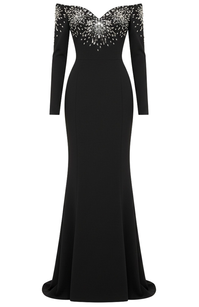 [Margesherwood ] / ☆ NEW YORK CRYSTAL-CUT LONG SLEEVE/black Long Sleeve Bardot Crystal Detail Maxi Dress Black - Luxe