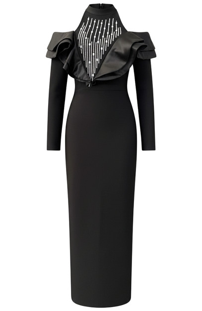 Long Sleeve Crystal Ruffle Detail Maxi Dress Black