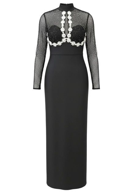 black and grey maxi dress Black And White Printed V-Neck Maxi Dress With Long Sleeve And Slit