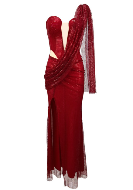 red one shoulder wrap dress Delancy One Shoulder Maxi Dress