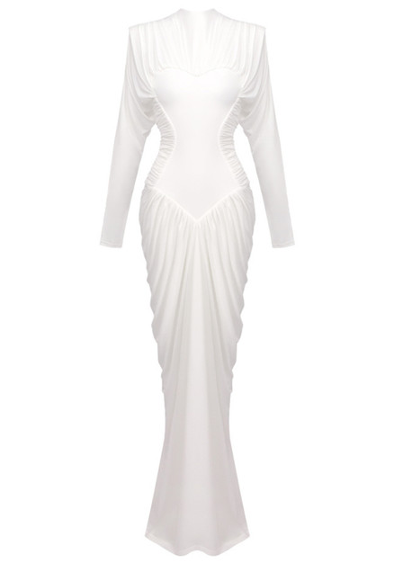 knee length dresses for ladies Modal Plunge Neck Long Sleeve Maxi Dress in White - XL