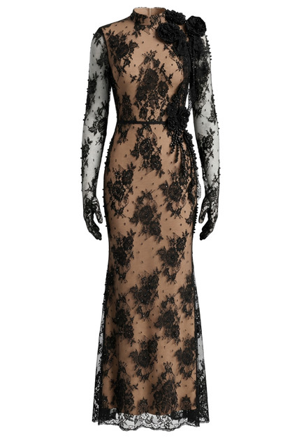 Long Sleeve Lace Backless Maxi Dress Black Nude