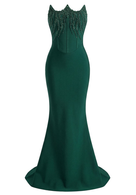 dark green embellished dress Strapless Corset Maxi Pakistani Clothes