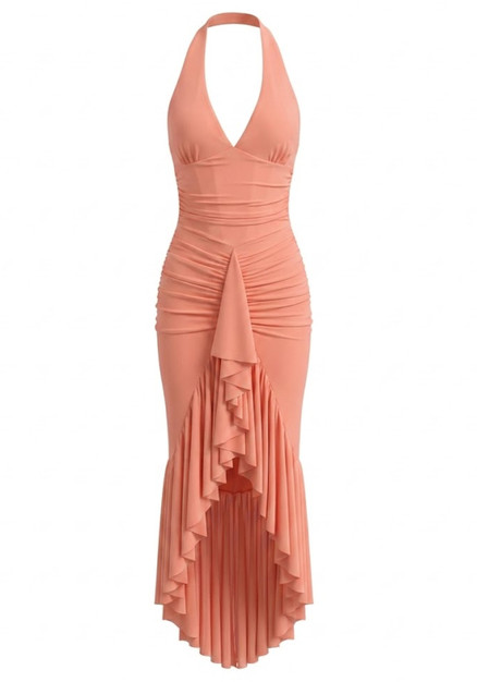 bright coral maxi dress "Coral Ruffled Chiffon Maxi Dress"a vivid ode to the romantic warmth of a sunset, perfectly embodying a bright, ethereal coastal aesthetic. , https://reurl.cc/9WVVqY