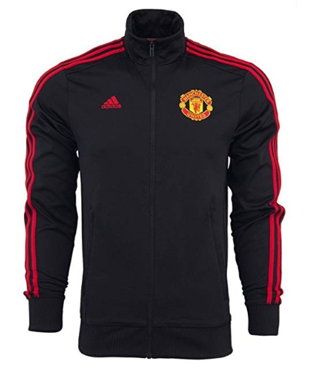 black adidas track jacket with red stripes