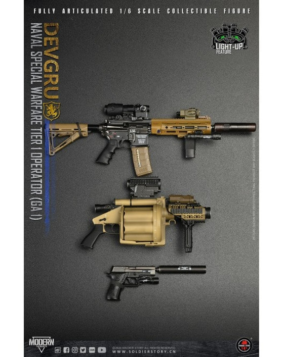 PRODUCT LIST:

1/6 Action Figure Body
S6.0 Type-C Full Articulated Action Body (Over 38 Articulations)
Weapon Hand (1 Pair)
Relax Hand (Left)
Upper Leg Sleeve (1 Pair)
Bare Feet (1 Pair)
COMBAT APPAREL
– DEVGRU Logo Brown T-shirt
– AOR2 Gen 3 Combat Shirt (Cut Sleeves)
– AOR2 Gen 3 Combat Pants
– Green Airflex Knee Pad (1 Pair)
– Rigger Belt
– GTX Hiking Boot (1 Pair, Sewing)
HEAD GEAR
– DEVGRU Logo Tan Color Cap
– Titanium Finish Sunglasses
– NVG Skull Lock Head Harness
– Manta Strobe Light
– Contour HD Helmet Camera
– L4 G24 NVG Mount
– GPNVG18 4-tube NVG
– GPNVG18 Lens Cover (1 Pair)
– NVG Battery Case
– NVG Power Cord
– LED Light Module (1 Pair)
– AG1 Battery x 4
– Lithium Battery x 3
– Battery Holder
COMMUNICATION EQUIPMENT
– PRC148 10 Pin Maritime Radio
– PRC152 Tactical Radio
– Radio Extension Cable x 2
– Radio Antenna x 2
– Dominator II Headset (w/ Antenna)
– Dominator II PTT Box
– PTT Radio Cable (5 Pin)
– PTT Radio Cable (10 Pin)
TACTICAL GEAR
– Shemagh Tactical Scarf
– AOR2 6094A (Gen II) Plate Carrier
– AOR2 Triple FB Kydex 5.56 Magazine Pouch
– AOR2 Small Utility Pouch
– AOR2 Weapon Catch
– AOR2 Silencer Pouch
– AOR2 TSQ Tourniquet
– AOR2 Radio/ Water Bottle Pouch
– AOR2 M67 Grenade Pouch
– AOR2 Battle Belt
– AOR2 Double 9mm Magazine Pouch
– AOR2 M249 200rd Pouch x 2
– AOR2 Small Blow Out Medical Pouch
– AOR2 Inverted M67 Grenade Pouch
– AOR2 Jumpable Assault Backpack
– AOR2 Prisoner Blindfold
– AOR2 M18 Smoke Grenade Pouch
– AOR2 Drop Leg Pistol Holster
– AOR2 GPS Wrist Pouch
– 101 GPS
– QD Safety Lanyard (2 QD Snap Shackles)
– Black Rubber Band x 4
– Armor Plate x 2
– Ball Pen (Yellow)
– Maker Pen
– IR Light Stick x 3
– Bottled Water
– M67 Hand Grenade x 2
– M18 Smoke Grenade (Green)
– MK13MOD0 Flash Bang
– Tri-fold Plastic Handcuffs x 2
– Tactical Belt Knife
– Knife Sheath
– Knife Round Rubber Band
– Tactical Watch
– Water Bladder
– Drinking Tube
– Tube Cover
– Gloved Weapon Hand x 3
– Sport Arm Band x 1 Pair
– Cigar
WEAPON
– HK416D 10.5” Assault Rifle
– G23 3x Magnifier
– T1 Red Dot Sight
– PMAG 5.56 30rd x 2
– HK 5.56 30rd Steel Magazine x 2
– HK416 RAHG Handguard
– Handguard Rail x 3
– QD Handguard Sling Mount
– CTR Weapon Buttstock
– Weapon Buttstock Band
– M4 2000 Suppressor
– KAC 600m Rear Sight
– KAC Front Sight
– M600 Weapon Scout Light
– RVG Foregrip /w Remote Switch Band
– Dual Laser Pointer
– Laser Pointer Remote Switch
– AOR2 Two Point Weapon Sling
– M32A1 Multi-shot Grenade Launcher (6 Shot Grenade Gun)
– M32A1 Collapsible Buttstock
– Buttstock Adaptor
– QD Sling Mount
– M2A1 Reflex Sight
– LA5PEQ Laser Pointer
– Laser Pointer Remote Switch
– Grenade Gun Foregrip
– M433 HEDP 40mm Grenade x 6
– Bungee Weapon Sling
– Weapon Sling Elastic Band
– P226R 9mm Pistol
– P226 9mm 15rd Magazine x 4
– X300 Weapon Light w/ Band
– Evolution 9mm Suppressor
PATCH SET
– AOR2 DEVGRU Gold Squadron Crusader Cross Embroidered Velcro Patch
– AOR2 DEVGRU Gold Squadron GA1call Sign Embroidered Velcro Patch
– 96 XK Call Sign Embroidered Velcro Patch
– IR OD Green U.S. Flag Velcro Patch x 2
– AB+ Blood Embroidered Velcro Patch
– Large Full Color U.S. Embroidered Velcro Patch