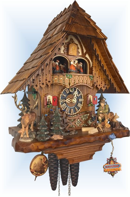 Cuckoo Clock chalet style 14 inch musical Deer Hunter by Hones - left angle