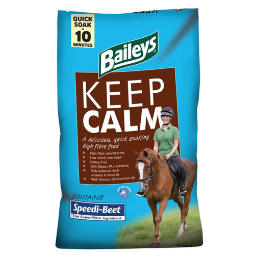 Keep Calm is a fully balanced high fibre feed designed to provide non-heating energy to maintain condition, whilst helping encourage a calm temperament.  Its unique combination of Speedi-Beet and soya hulls supplies a high proportion of easily digestible “superfibres” and, along with additional natural fibre sources, means the overall starch and sugar contents are kept remarkably low.  With quality protein, for muscle tone, and a full spectrum of vitamins and minerals, including calcium and magnesium, Keep Calm is suitable for horses and ponies at rest or in light to moderate work.