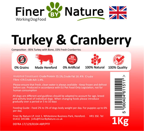 Made with 100% meaty Turkey legs and fresh tasty blueberries and nothing else, our mince has a great texture that dogs love, super fresh made from frozen material not defrosted ensures our Turkey & Blueberry smells great, tastes great, looks great