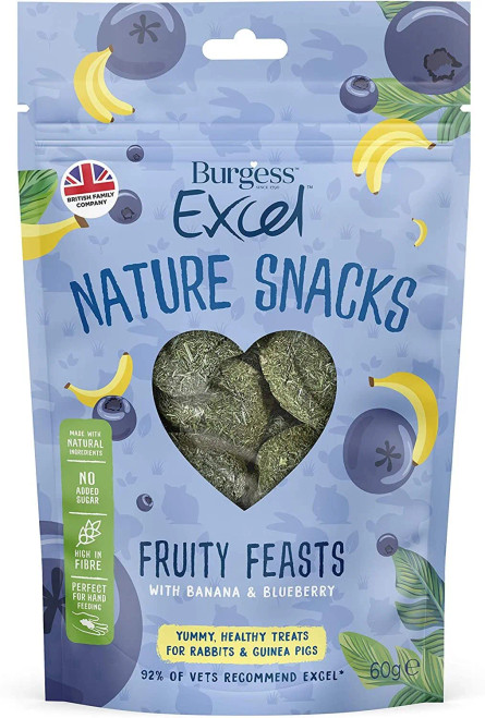 Baked with love, our Excel Fruity Feasts are irresistible to rabbits and guinea pigs. With no added sugar or artificial colours or flavours, they're naturally healthy too! Burgess Excel Fruity Feasts are a complementary feed for rabbits and guineas pigs.