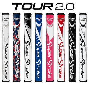Seven SuperStroke Tour 2.0 putter grips arranged vertically in different colours with TOUR 2.0 logo above Seven SuperStroke Tour 2.0 putter grips arranged vertically in different colours with TOUR 2.0 logo above