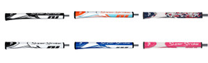 Image showing six variations of the SuperStroke ZENERGY Pistol 1.0 Tech-Port Putter Grip. The grips are displayed in two rows of three, each mounted on a putter shaft. Top row from left to right: a black and white grip with dynamic swirl patterns, an orange, white, and light blue grip with a vibrant design, and a multi-coloured grip featuring red, white, and blue in a camouflage-like pattern. Bottom row from left to right: another black and white grip similar to the first but with slight variations, a blue and white grip with flowing lines, and a pink and white grip. Each grip prominently displays the 'SuperStroke' logo along its length. The grips have a uniform shape with a slightly larger end where the Tech-Port is located. This image showcases the diverse colour options and designs available in the ZENERGY Pistol 1.0 series, appealing to various golfer preferences. Image showing six variations of the SuperStroke ZENERGY Pistol 1.0 Tech-Port Putter Grip. The grips are displayed in two rows of three, each mounted on a putter shaft. Top row from left to right: a black and white grip with dynamic swirl patterns, an orange, white, and light blue grip with a vibrant design, and a multi-coloured grip featuring red, white, and blue in a camouflage-like pattern. Bottom row from left to right: another black and white grip similar to the first but with slight variations, a blue and white grip with flowing lines, and a pink and white grip. Each grip prominently displays the 'SuperStroke' logo along its length. The grips have a uniform shape with a slightly larger end where the Tech-Port is located. This image showcases the diverse colour options and designs available in the ZENERGY Pistol 1.0 series, appealing to various golfer preferences.