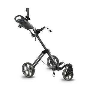 iCart X 3-Wheel Push Trolley in Black/Grey featuring a sturdy frame, 360-degree detachable front wheel, soft-touch handle, built-in umbrella holder, and adjustable straps for secure golf bag placement. Designed for easy manoeuvrability and quick folding for compact storage. iCart X 3-Wheel Push Trolley in Black/Grey featuring a sturdy frame, 360-degree detachable front wheel, soft-touch handle, built-in umbrella holder, and adjustable straps for secure golf bag placement. Designed for easy manoeuvrability and quick folding for compact storage.