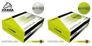 Zebra Control Soft Golf Balls 12-pack boxes in white and yellow with 70 compression, two-piece surlyn cover and titanium core, showing packaging design, ball branding and Zebra Putter Company logo Zebra Control Soft Golf Balls 12-pack boxes in white and yellow with 70 compression, two-piece surlyn cover and titanium core, showing packaging design, ball branding and Zebra Putter Company logo