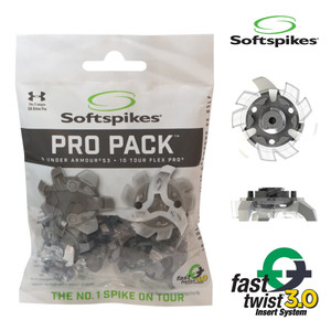 Softspikes Tour Flex Pro Pro Pack featuring 18 Fast Twist 3.0 replacement golf shoe spikes. The packaging displays the Under Armour S3 compatibility and “No.1 Spike on Tour” branding. Image also shows detailed views of the spike design and the Fast Twist 3.0 insert system logo. Softspikes Tour Flex Pro Pro Pack featuring 18 Fast Twist 3.0 replacement golf shoe spikes. The packaging displays the Under Armour S3 compatibility and “No.1 Spike on Tour” branding. Image also shows detailed views of the spike design and the Fast Twist 3.0 insert system logo.