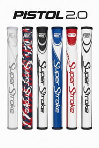 Six SuperStroke Pistol GT 2.0 putter grips displayed vertically in different colours, with the PISTOL 2.0 logo above Six SuperStroke Pistol GT 2.0 putter grips displayed vertically in different colours, with the PISTOL 2.0 logo above