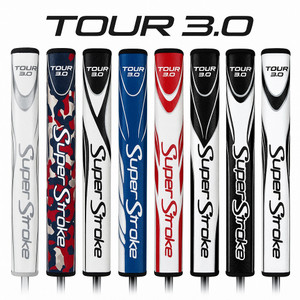 SuperStroke Tour 3.0 putter grips displayed in eight colour variants with TOUR 3.0 branding above SuperStroke Tour 3.0 putter grips displayed in eight colour variants with TOUR 3.0 branding above