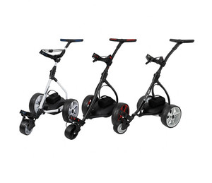 Three Ben Sayers 18-Hole Lithium Battery Golf Trolleys shown in black/blue, black/red, and white/blue colour options Three Ben Sayers 18-Hole Lithium Battery Golf Trolleys shown in black/blue, black/red, and white/blue colour options
