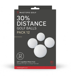 30% Distance Golf Balls Pack 12 – White dimpled balls in black Masters Golf retail packaging for off-course practice 30% Distance Golf Balls Pack 12 – White dimpled balls in black Masters Golf retail packaging for off-course practice