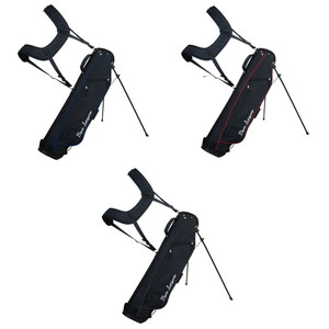 Ben Sayers lightweight pencil stand bags in black with blue, red and black trim, shown upright with dual straps and stand legs extended. Ben Sayers lightweight pencil stand bags in black with blue, red and black trim, shown upright with dual straps and stand legs extended.