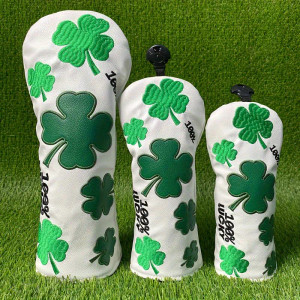 Four-Leaf Clover Pattern Golf Leatherette Set of 3 Headcovers Four-Leaf Clover Pattern Golf Leatherette Set of 3 Headcovers
