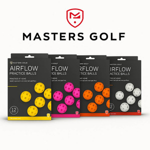 Airflow XP Practice Balls Pack 12 – Four Masters Golf packs in yellow, pink, orange, and white with the Masters Golf logo above Airflow XP Practice Balls Pack 12 – Four Masters Golf packs in yellow, pink, orange, and white with the Masters Golf logo above