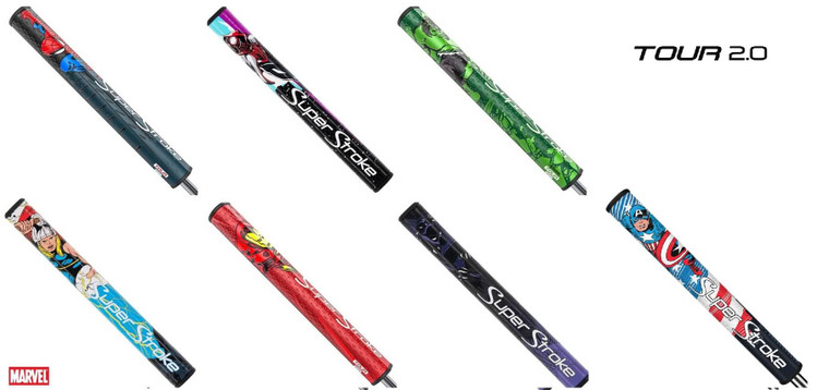 Seven Marvel-themed SuperStroke ZENERGY Tour 2.0 putter grips, each with unique character artwork. The image supports the product page by showing the full range available.