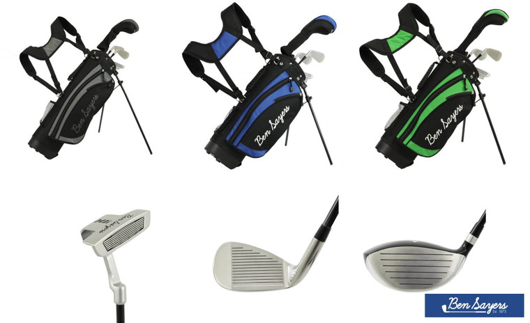 2025 Junior Golf Package Set showing Ben Sayers bags in three colours with close-ups of driver, iron, and putter clubs