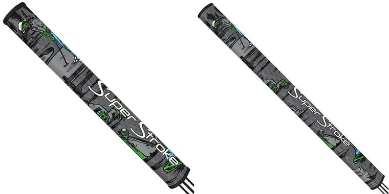 SuperStroke Limited Edition Halloween Zombie Pistol Putter Grip featuring glow-in-the-dark graphics with green zombie golfer design, grey textured background, and SuperStroke branding along the shaft, available in Tour 2.0 and Tour 3.0 17-inch models.